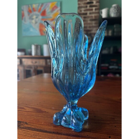 Vintage MCM Aqua Blue Swung Pedestal Vase 7.5 Inches In The Style Of Viking - Picture 4 of 9